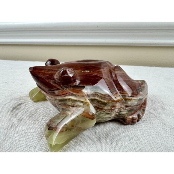 Unbranded Other - Vintage Hand Carved Banded Onyx Stone Frog Figurine Paperweight 5" Office Decor
